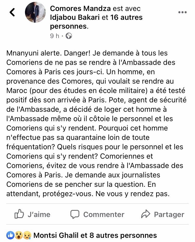 L’ambassade des Comores à Paris logetelle un homme testé positif au coronavirus ? Comores Infos